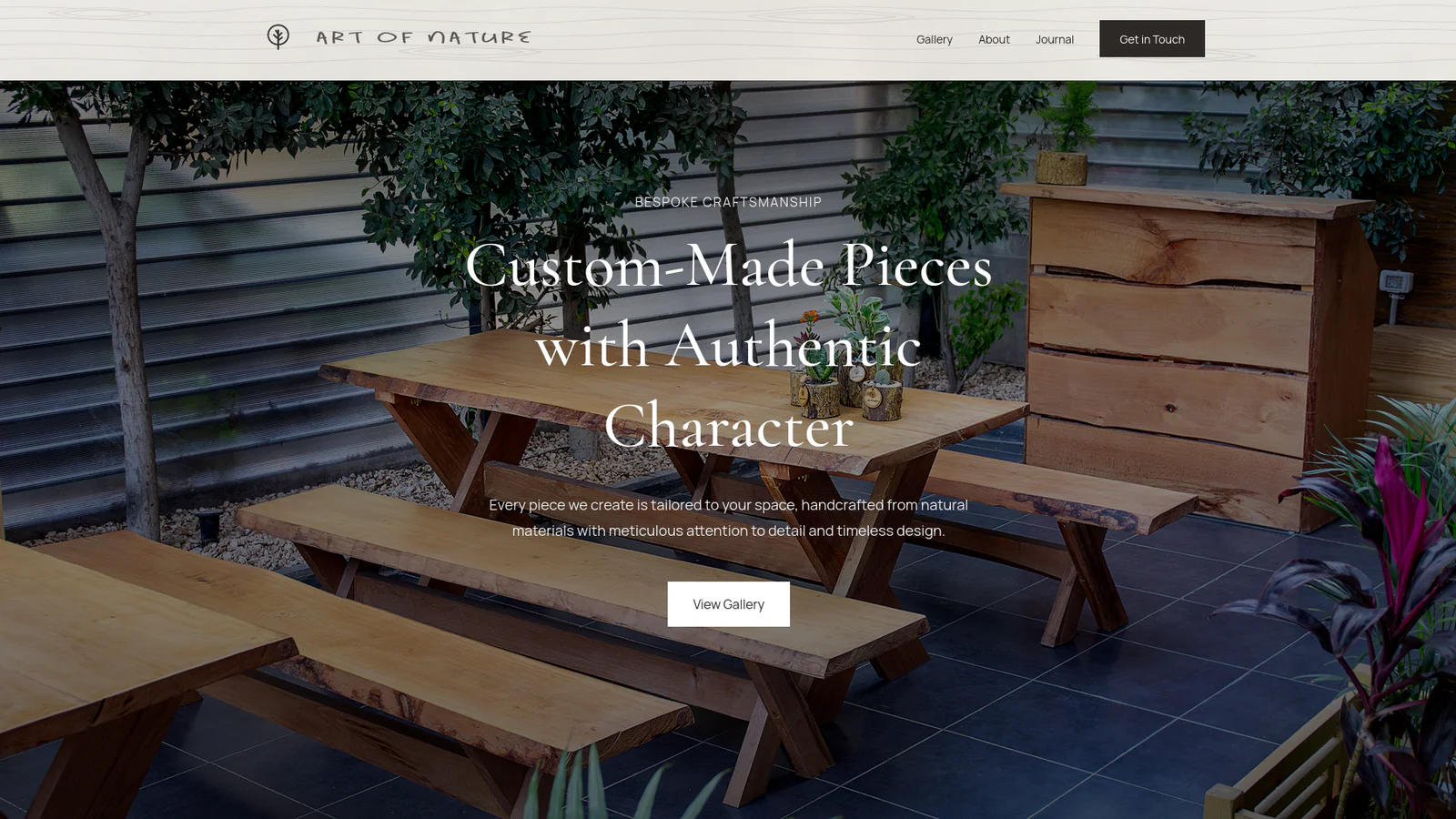 The Art of Nature homepage, opening on a full-bleed photograph of a beech dining table