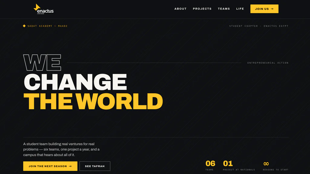The Enactus SAMS homepage: “We change the world” in yellow and white on near-black, with the chapter’s three numbers beneath it
